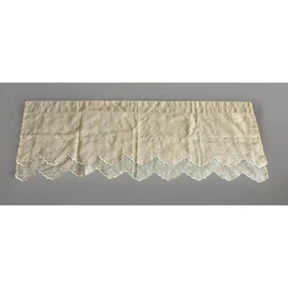 Lot of 5 Valance Tan Chiffon Embroidered Swirl Scalloped Tiered Curtain Natural